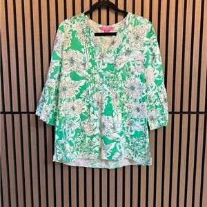Lilly Pulitzer Pink/Green and White Floral V-Neck Linen Tunic